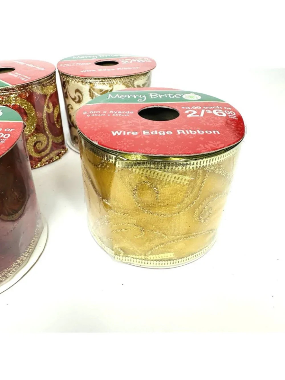 Holiday Christmas Ribbon Lot of 6 Red Gold Silver Sparkling Crafts Decor NEW!